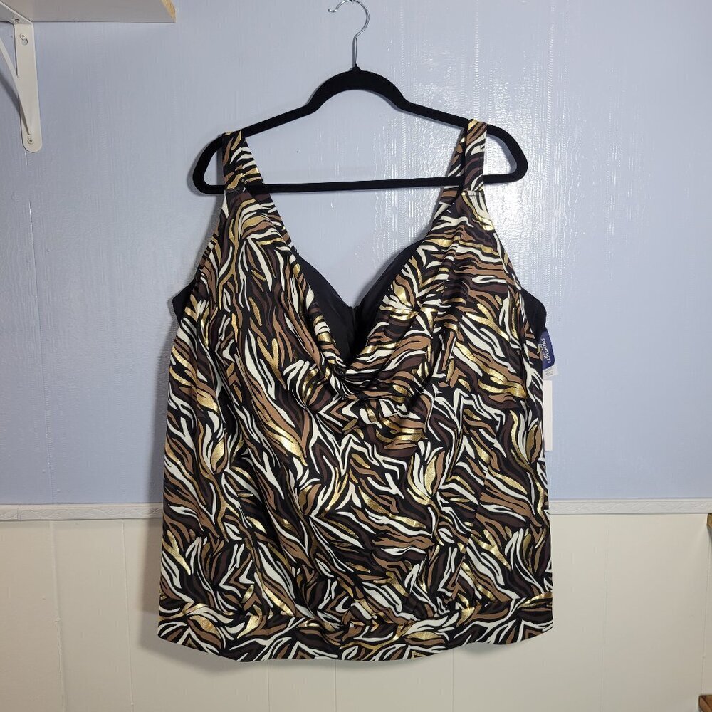 Swimsuits For All 46DDD Brown Gold Built-in-Bra Colorful Bathing Suit Top NWT